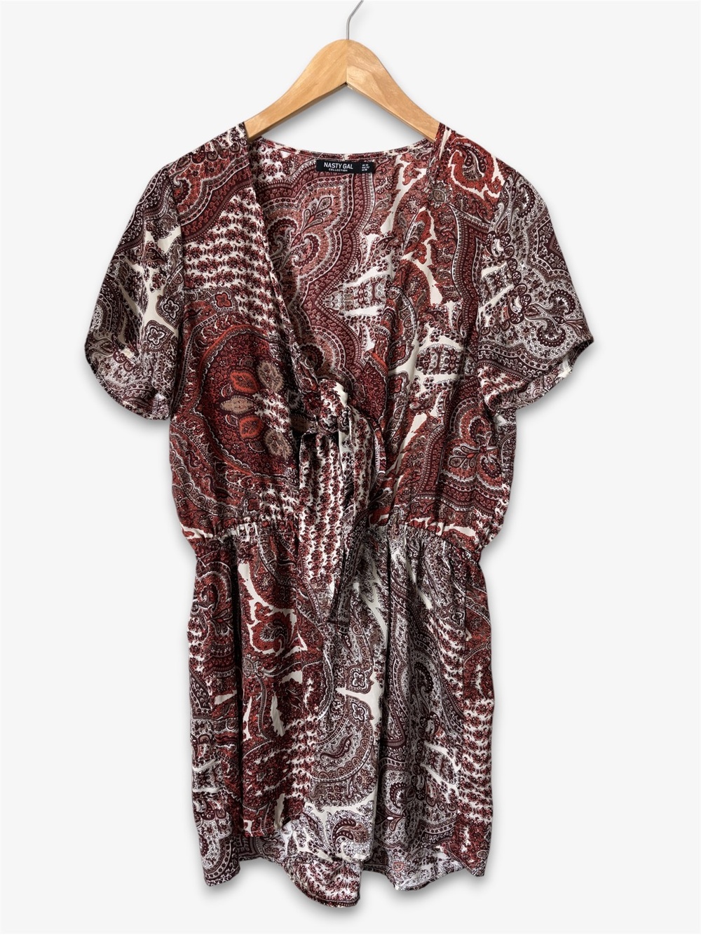 Nasty Gal Burgundy Paisley Tie Front Romper Western Boho Festival Womens Size 10